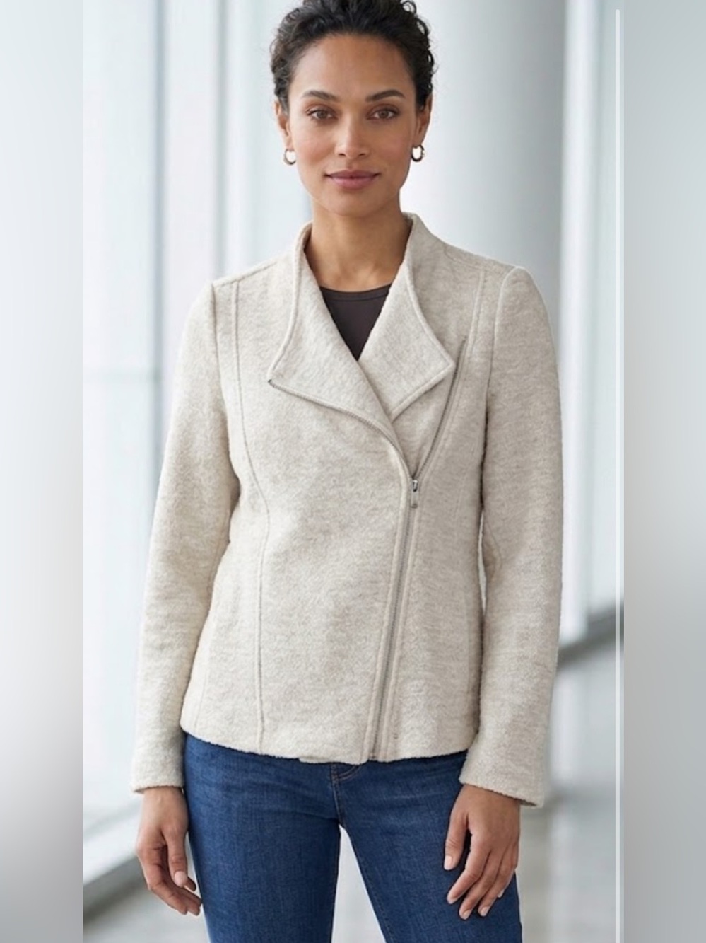 Vero Moda Oatmeal Textured Asymmetric Zip Biker Jacket